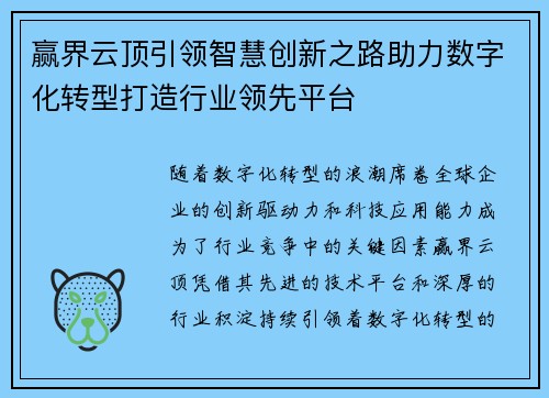 赢界云顶引领智慧创新之路助力数字化转型打造行业领先平台